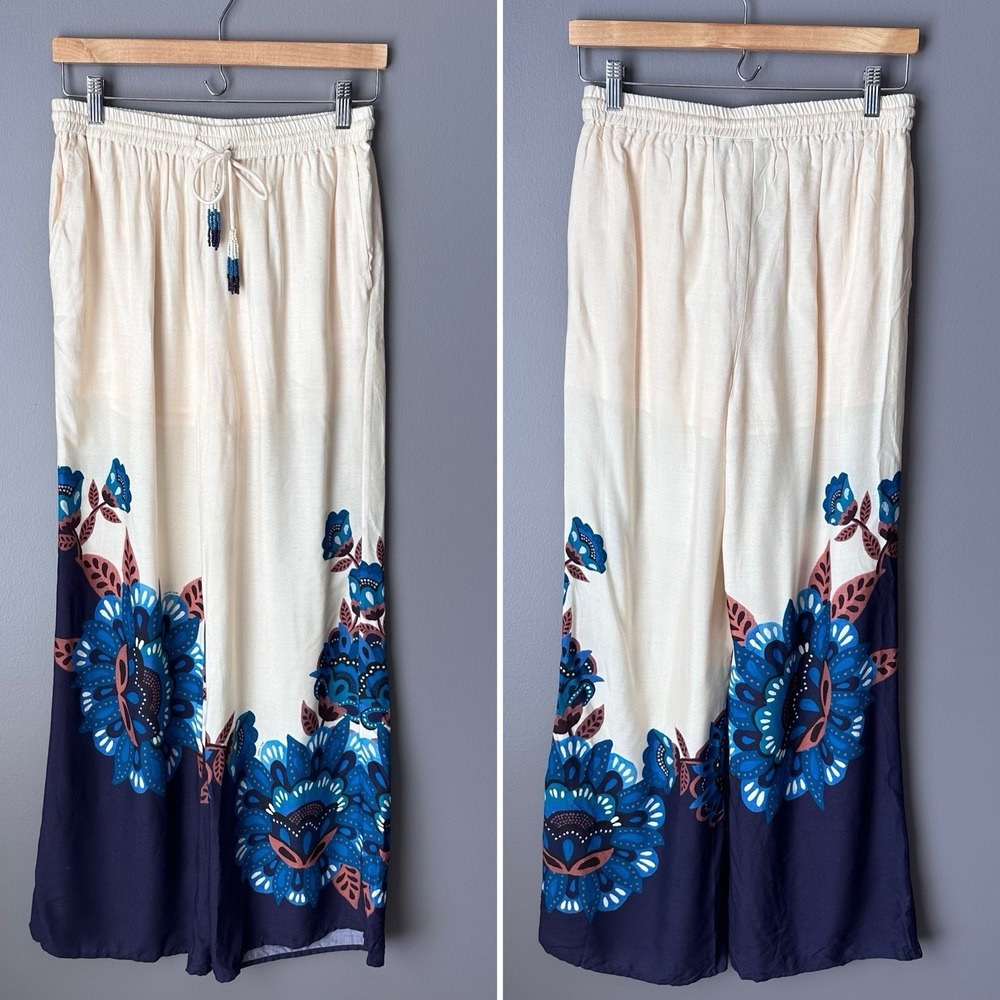 FARM RIO X Anthropologie Floral Print Martina Pants Women's S Blue Wide-Leg NWT - Picture 4 of 13